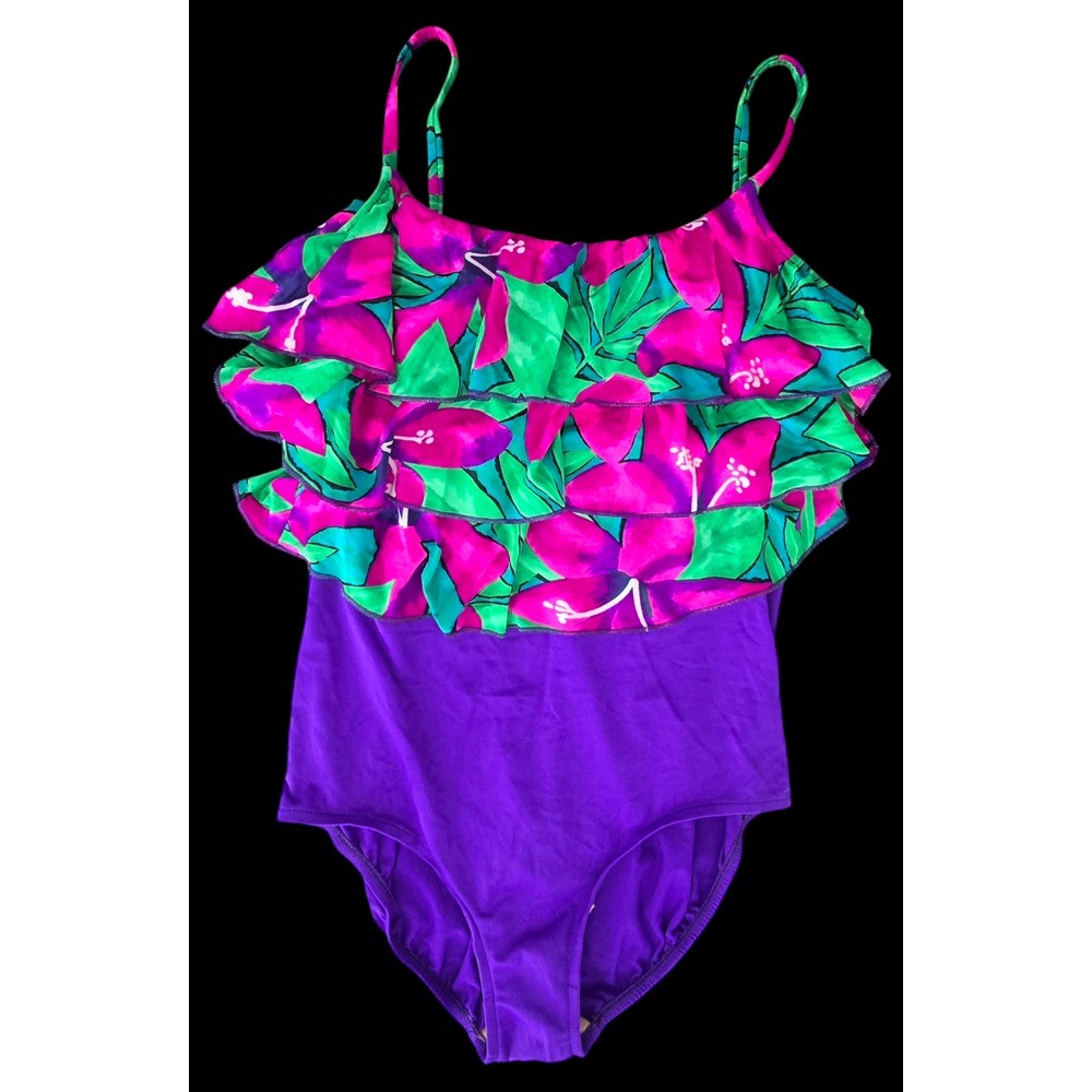 Sirena Womens One Piece Swimsuit 18 Ruffled Hibiscus‎ Hawaiian Vintage 1990s